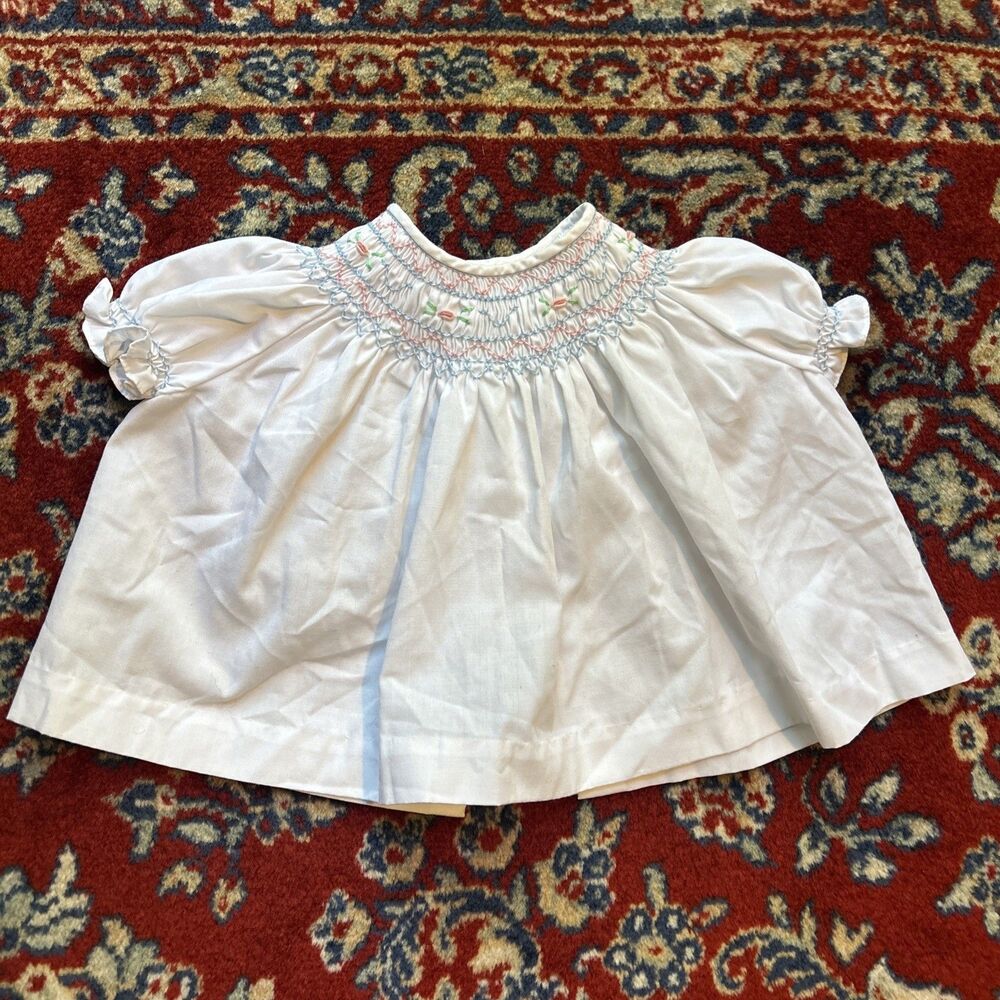 Vintage 80s Tiny Tots Smocked Pink Babydoll Dress Baby Girls Party Frock Infant